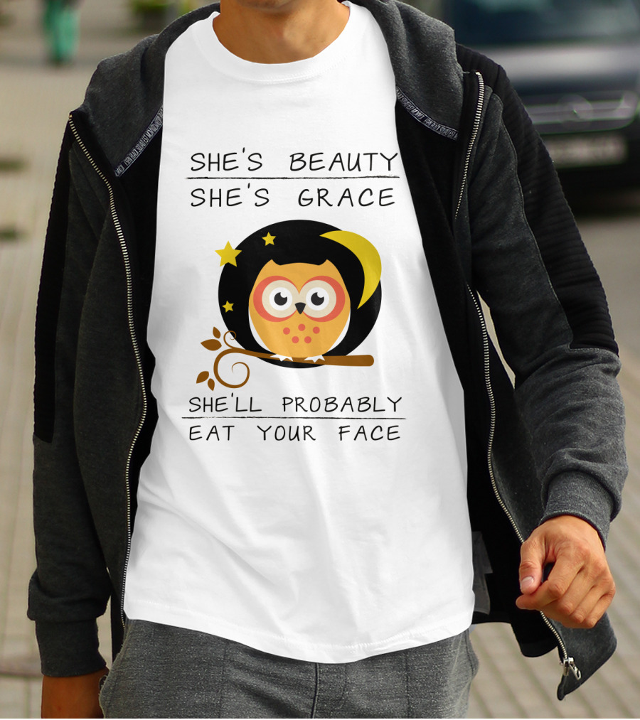 Owls She's Beauty She's Grace She'll Probably Eat Your Face Starry Moon Branch T-Shirt