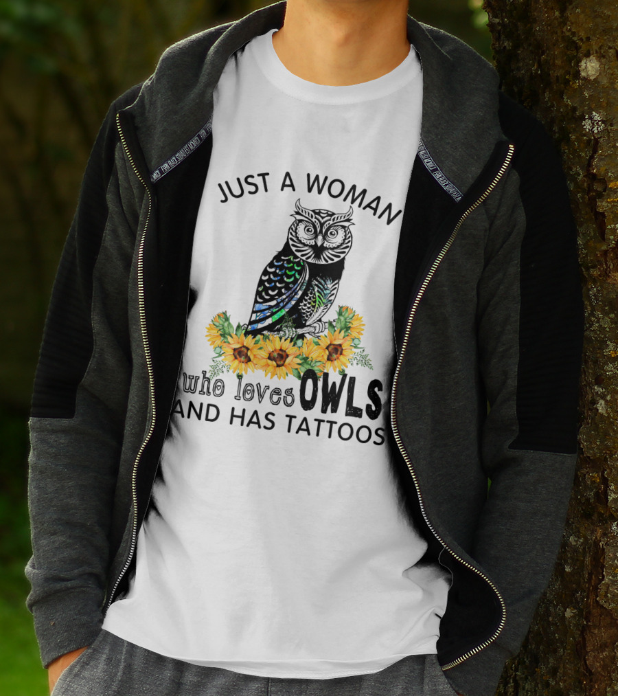 Just A Woman Who Loves Owls And Has Tattoos With Colorful Flowers T-Shirt