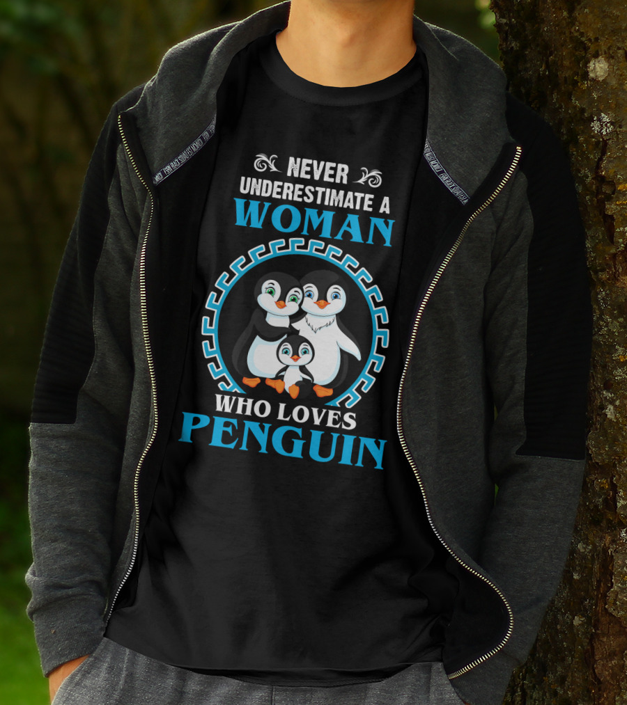Never Underestimate A Woman Who Loves Penguin Family Inside Circular T-Shirt