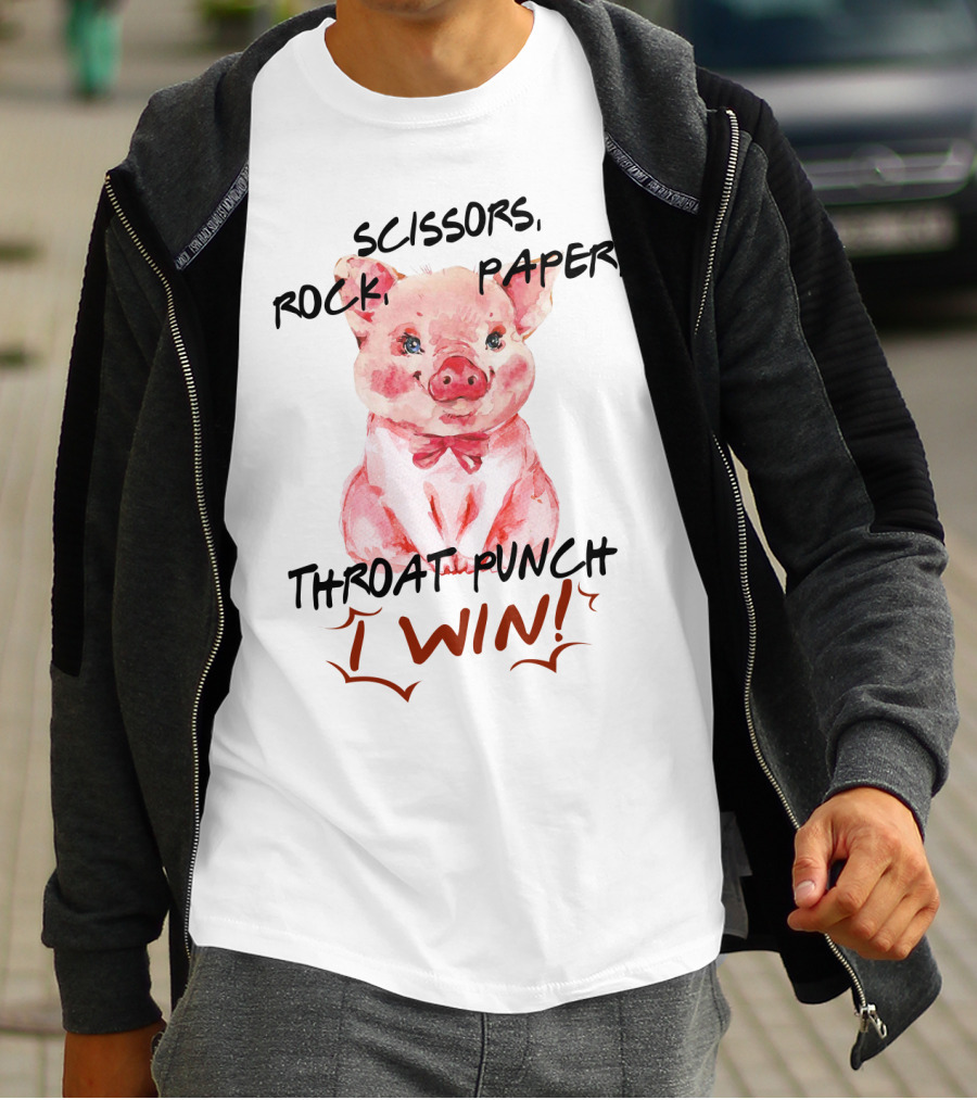 Scissors Rock Paper Throat Punch I Win Cute Pig Watercolor T-Shirt