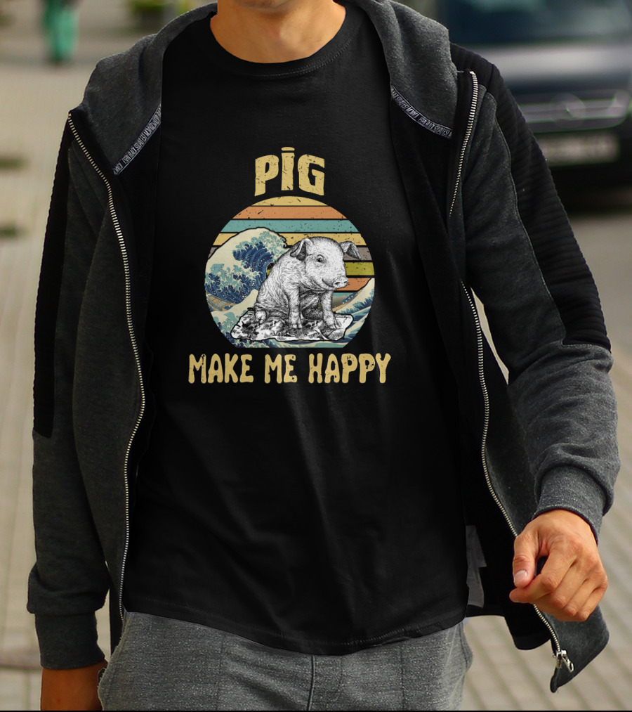 Pig Make Me Happy Retro Wave T-Shirt
