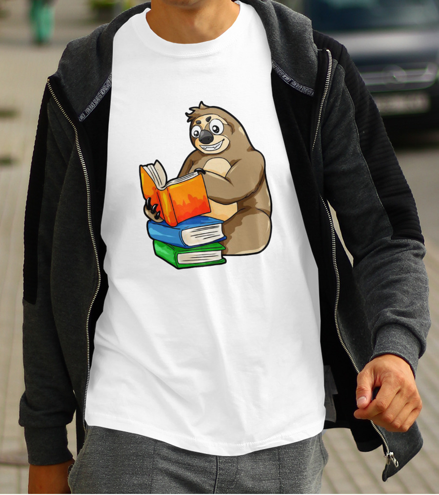 Sloth Enjoying A Stack Of Colorful Books For Literacy And Knowledge Study T-Shirt