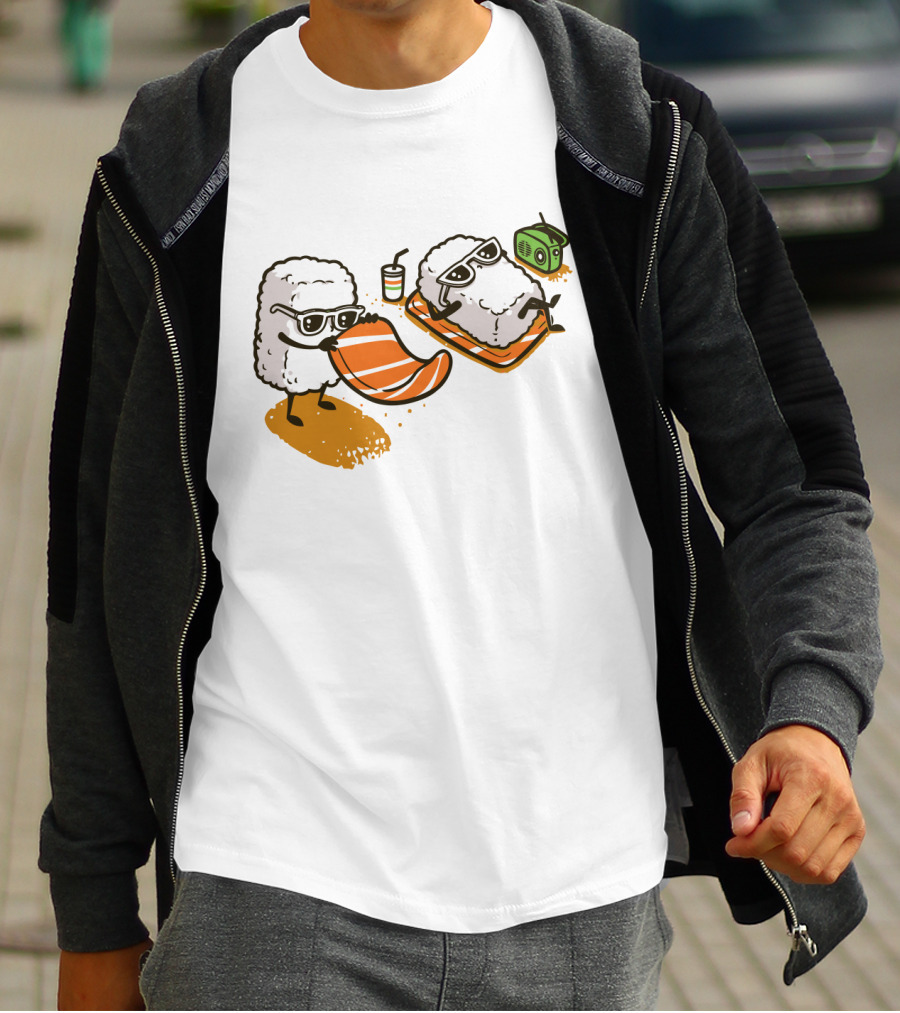 Sushi Chill Vibes: Cute Rice And Salmon Characters Relaxing With Shades And Radio T-Shirt