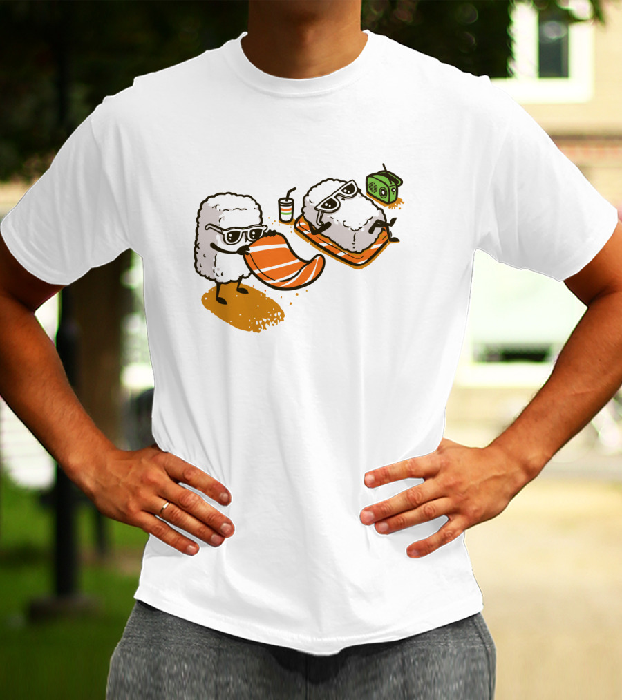 Sushi Chill Vibes: Cute Rice And Salmon Characters Relaxing With Shades And Radio T-Shirt
