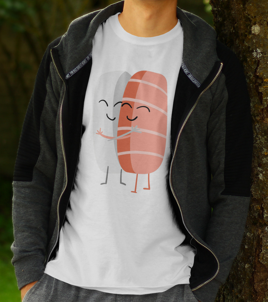 Kawaii Sushi Hugging Salmon Nigiri Cartoon T-Shirt
