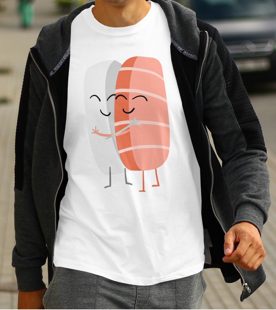Kawaii Sushi Hugging Salmon Nigiri Cartoon T-Shirt