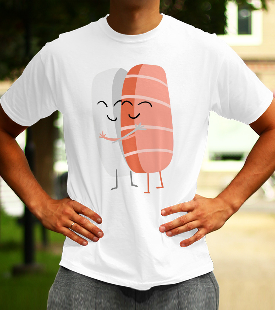 Kawaii Sushi Hugging Salmon Nigiri Cartoon T-Shirt