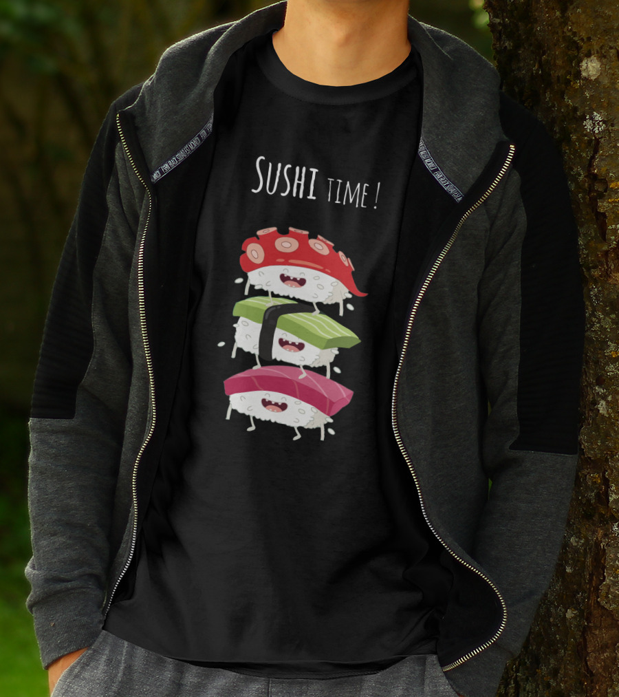 Sushi Time Funny Animated Sushi Stack With Smiling Rice Characters T-Shirt