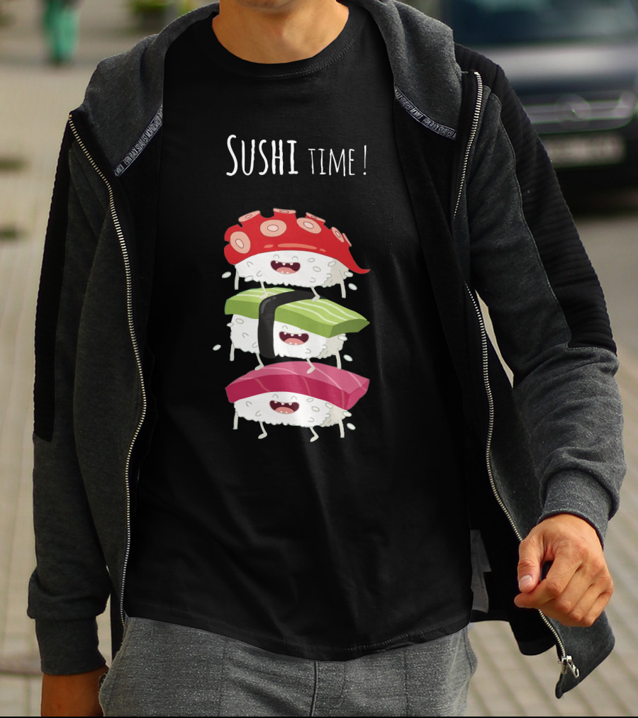 Sushi Time Funny Animated Sushi Stack With Smiling Rice Characters T-Shirt