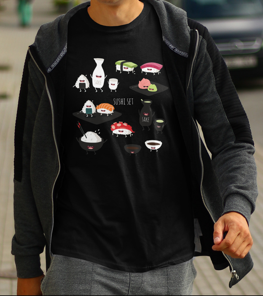 Sushi Set With Happy Sake Characters And Cute Cartoon Sushi Rolls T-Shirt