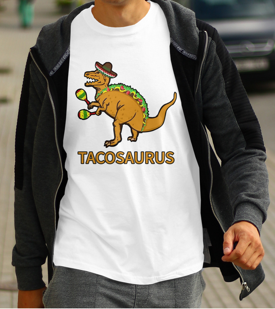 Tacosaurus Sombrero Dinosaur With Maracas Taco Lover Fiesta Fun T-Shirt