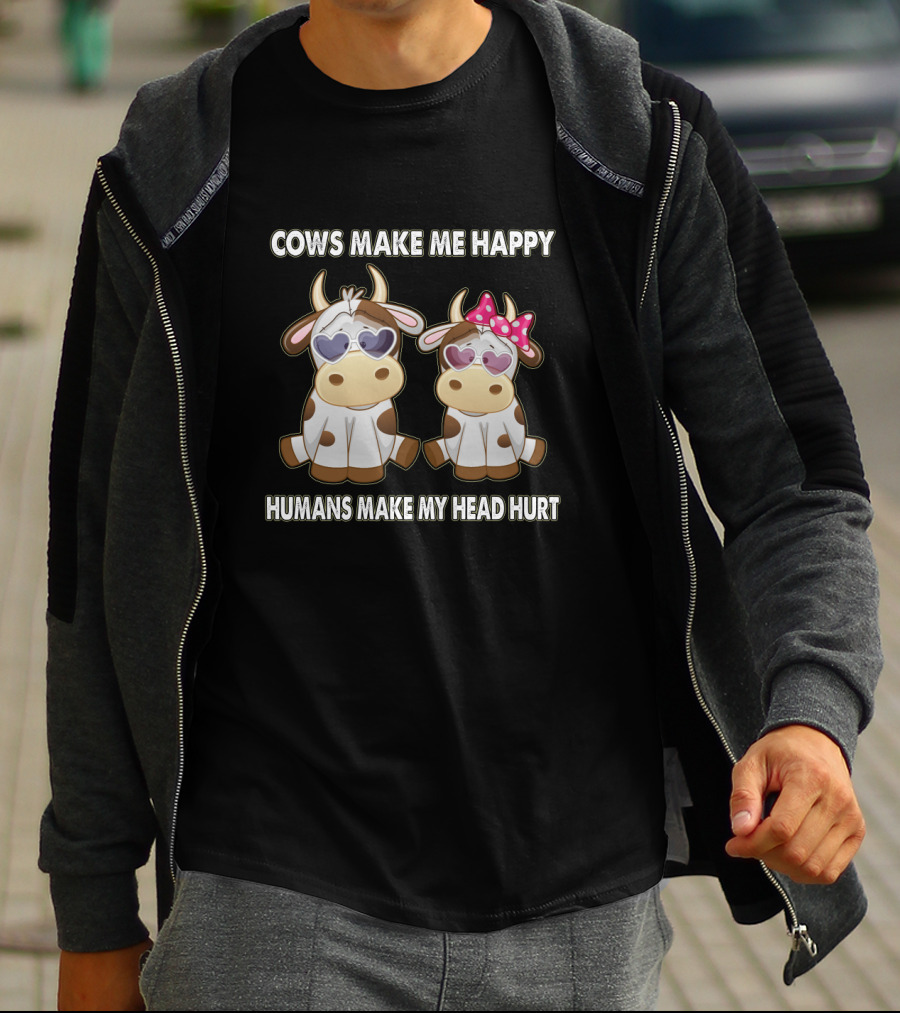 Cows Make Me Happy Humans Make My Head Hurt Heart Sunglasses And Pink Bow T-Shirt