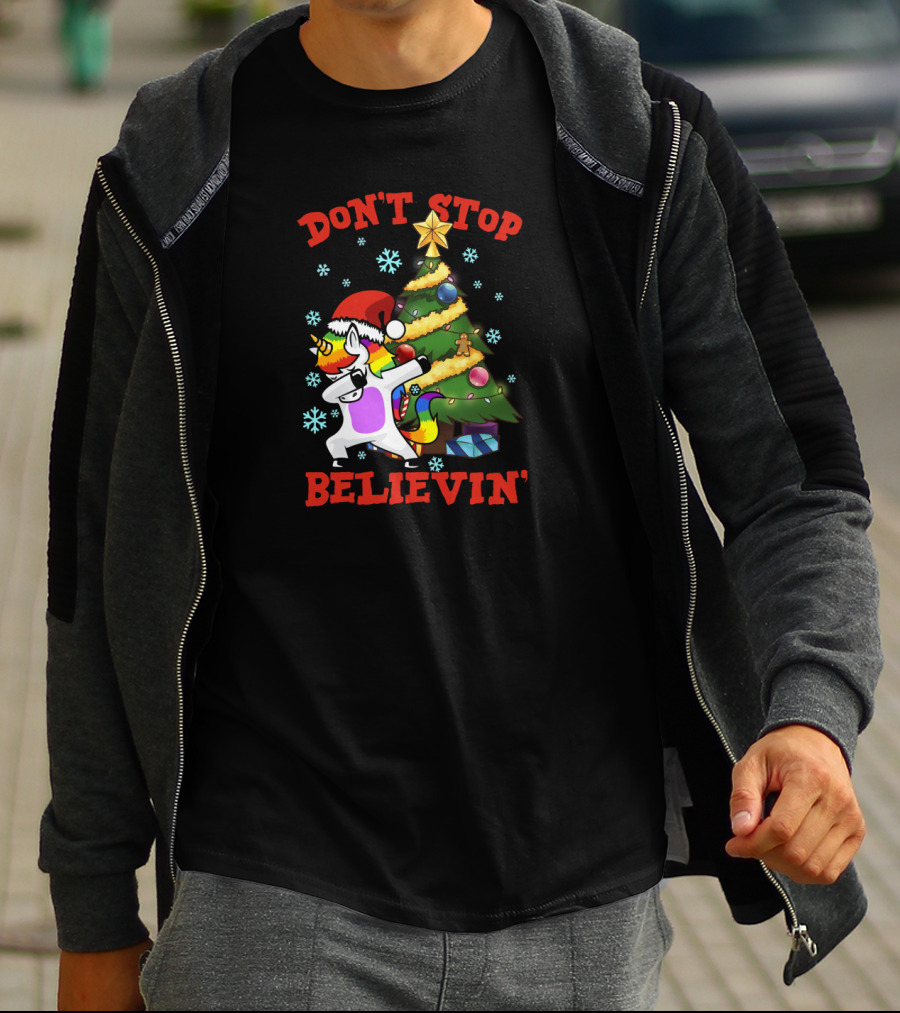 Don't Stop Believin' Unicorn Dabbing Christmas Tree Festive Holiday Magic T-Shirt