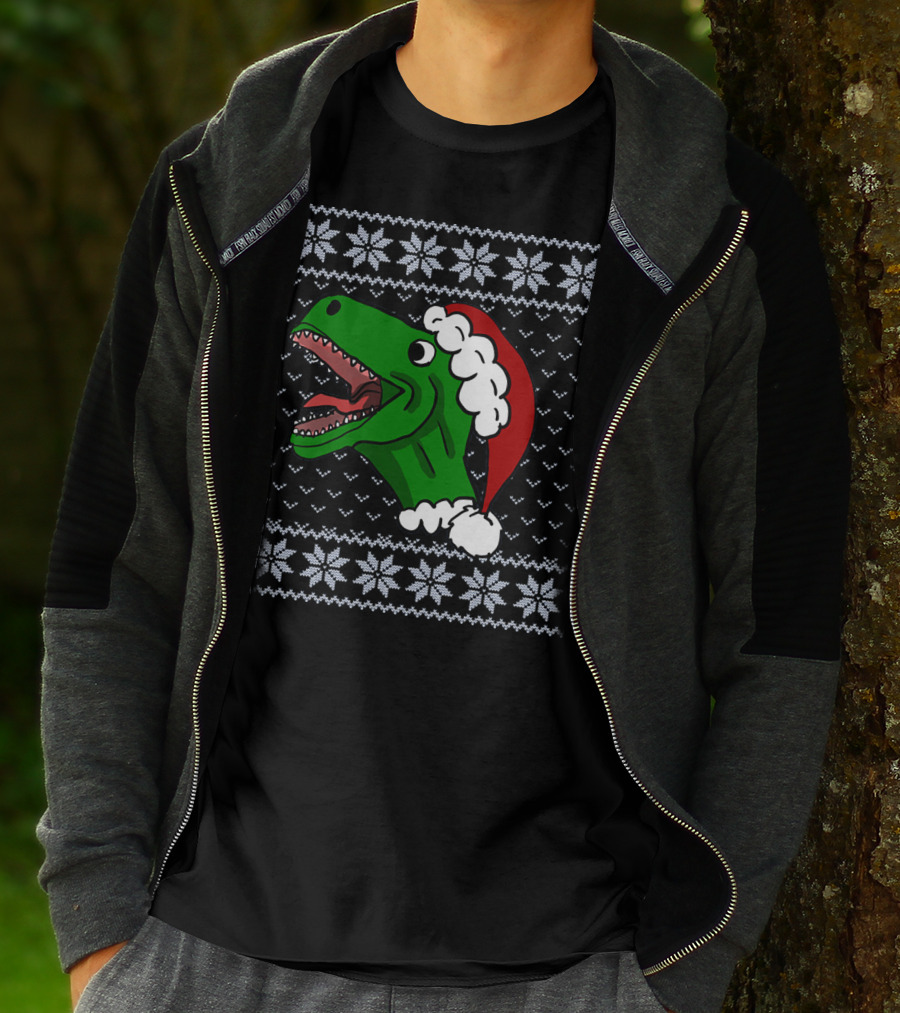 T Rex Christmas Ugly Sweater Santa Hat T-Shirt