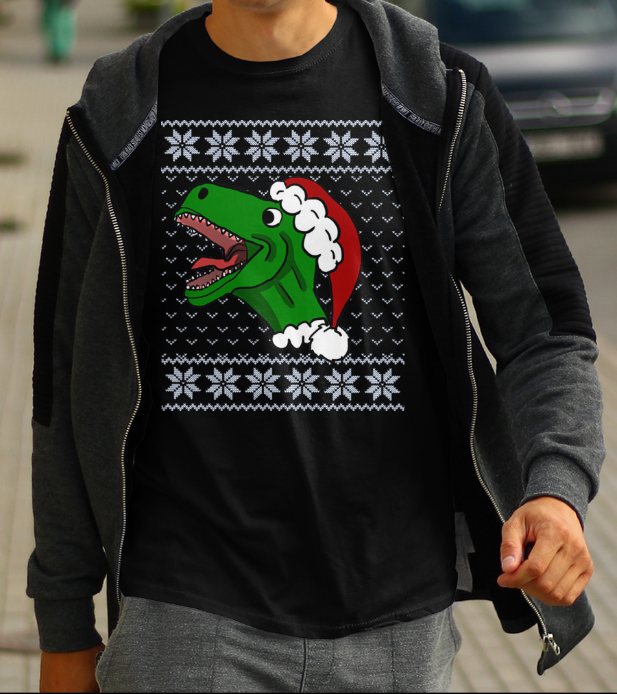 T Rex Christmas Ugly Sweater Santa Hat T-Shirt