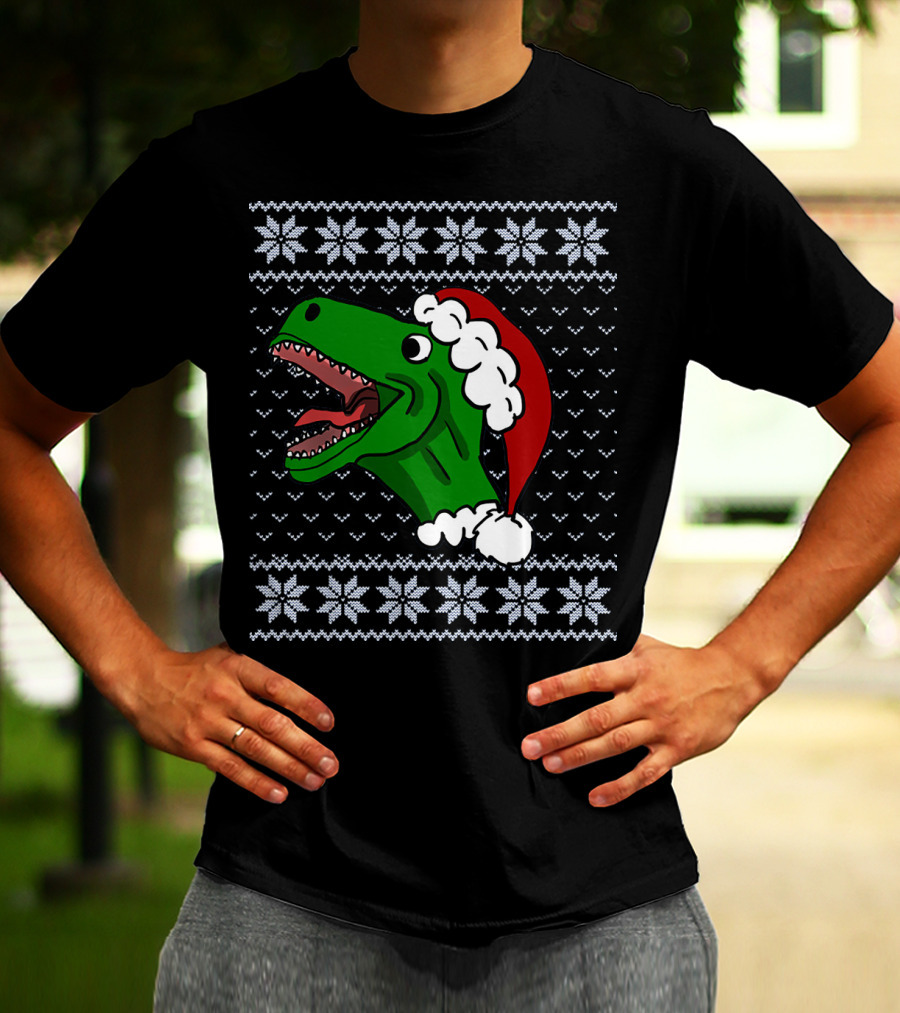 T Rex Christmas Ugly Sweater Santa Hat T-Shirt