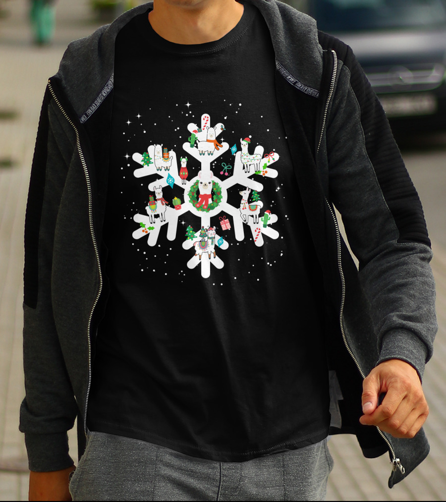 Llamas With Christmas Decorations On Large Snowflake T-Shirt