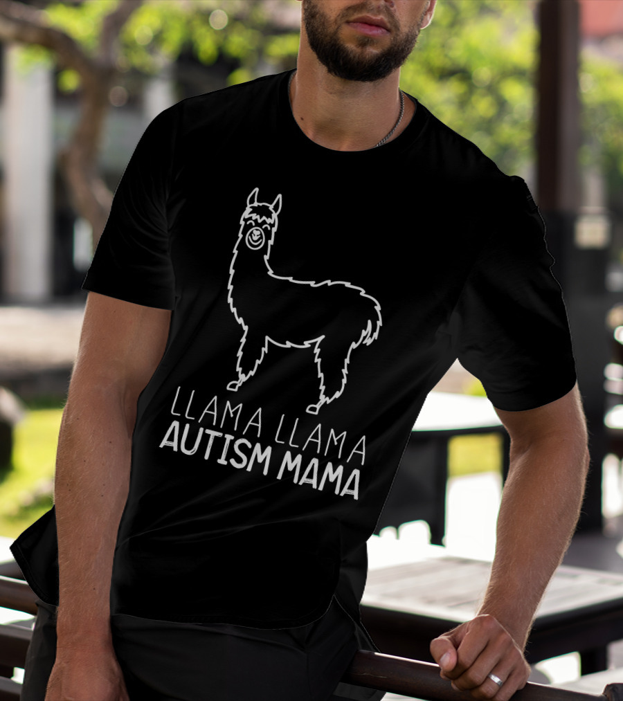 Llama Llama Autism Mama White Outline T-Shirt