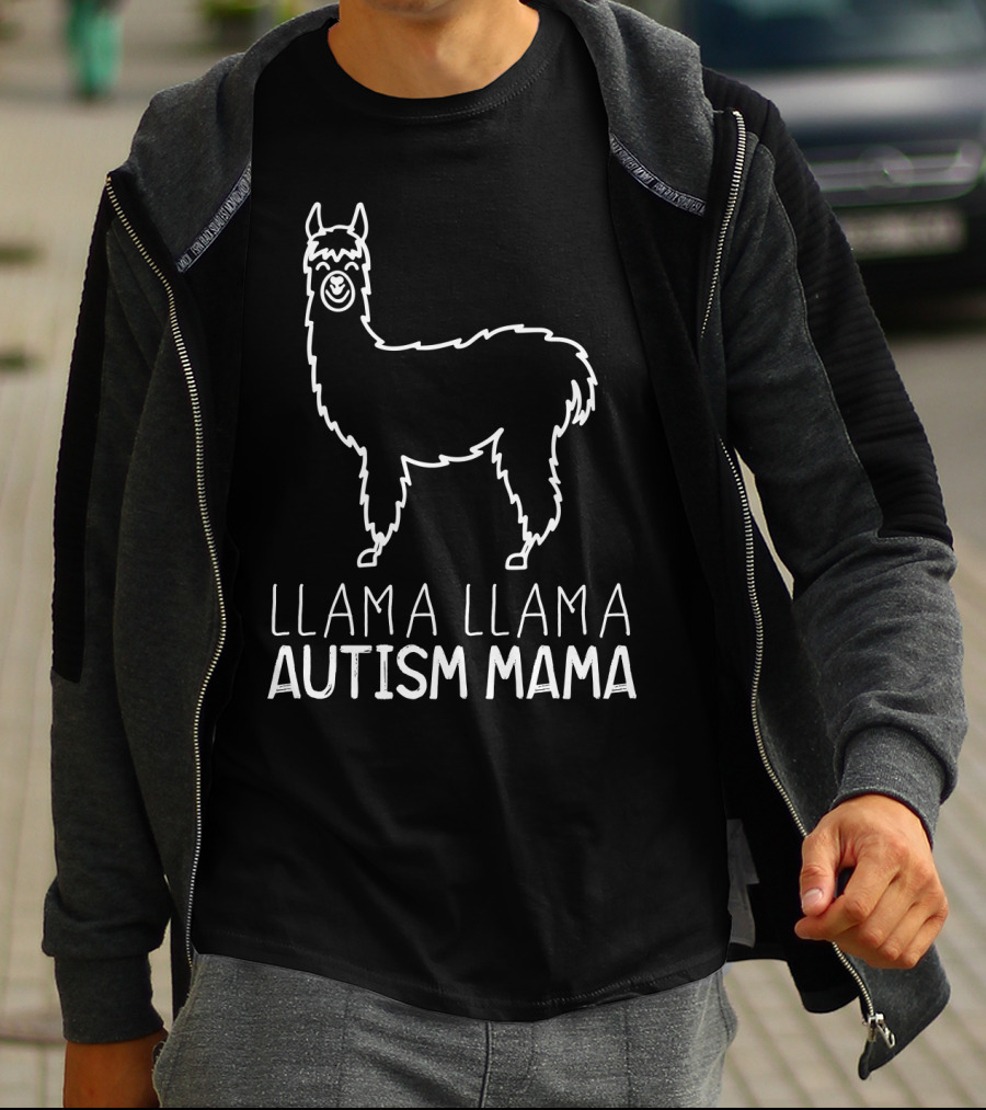 Llama Llama Autism Mama White Outline T-Shirt