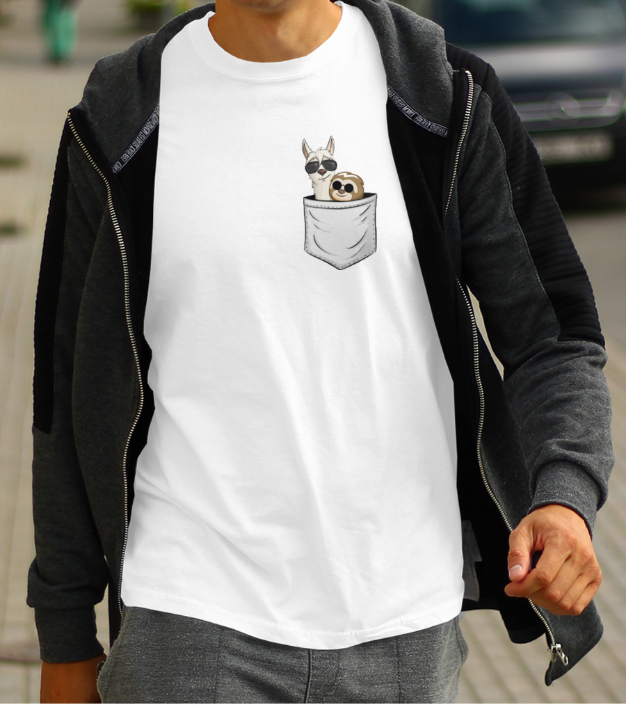 Sloths And Llama In Pocket With Sunglasses T-Shirt