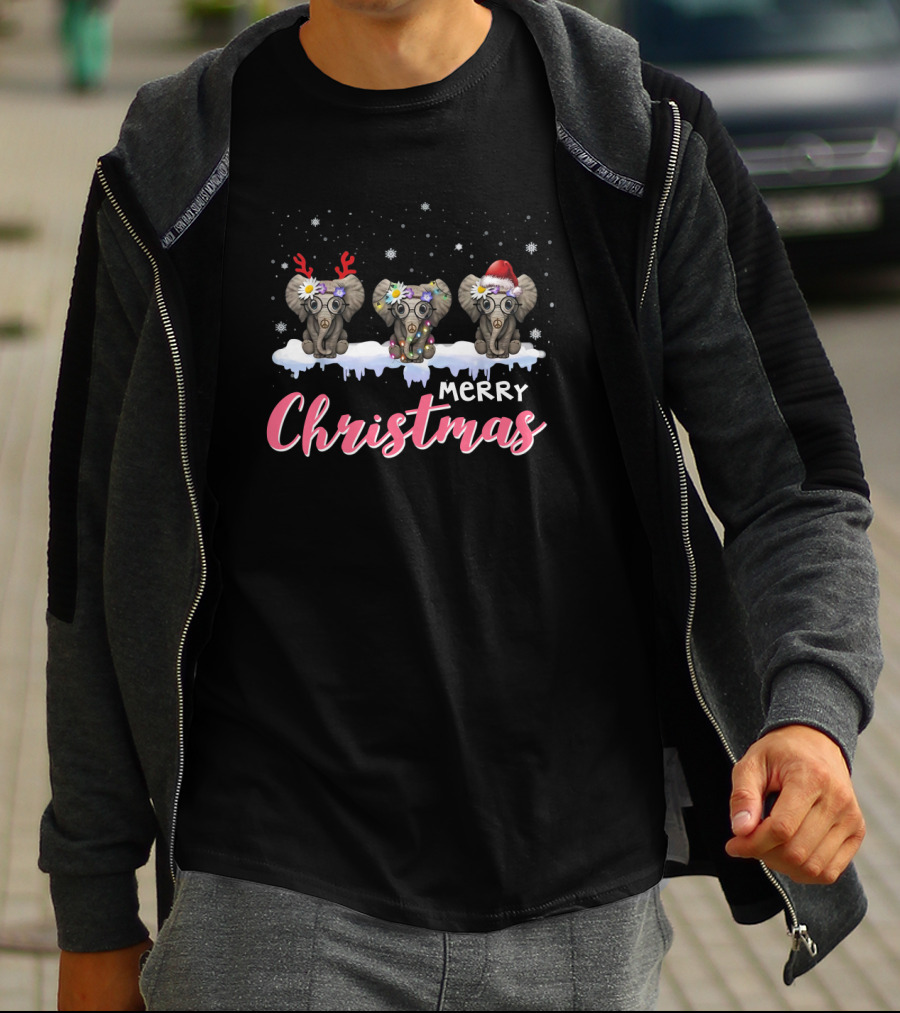 Merry Christmas Elephants In Festive Hats With Snowflakes And Ice T-Shirt