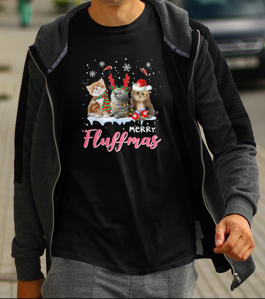 Merry Fluffmas Cute Festive Cats With Snowflakes And Candy Canes T-Shirt
