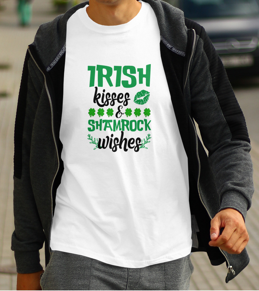 Irish Kisses And Shamrock Wishes With Clovers And Green Lips T-Shirt
