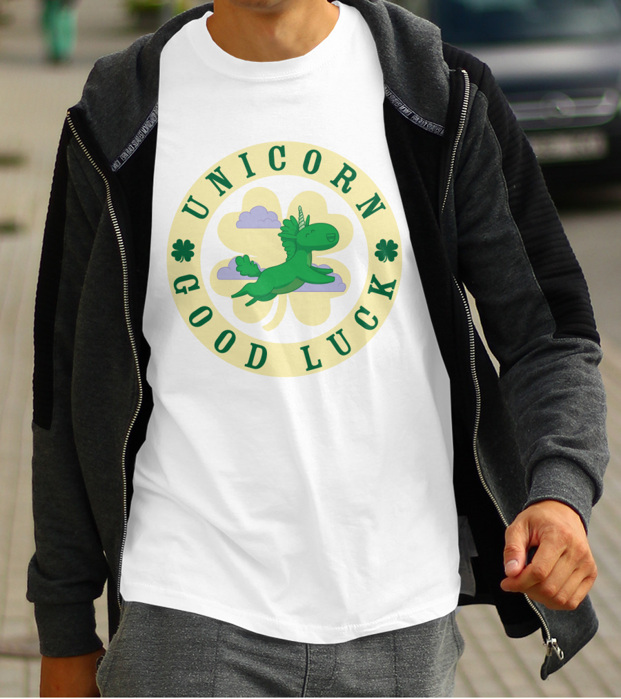 Unicorn Good Luck Clover Clouds Green Flying T-Shirt