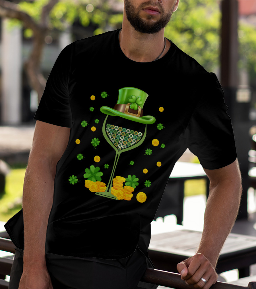 Patrick's Day Wine Glasses Leprechaun Hat Clover Coins T-Shirt