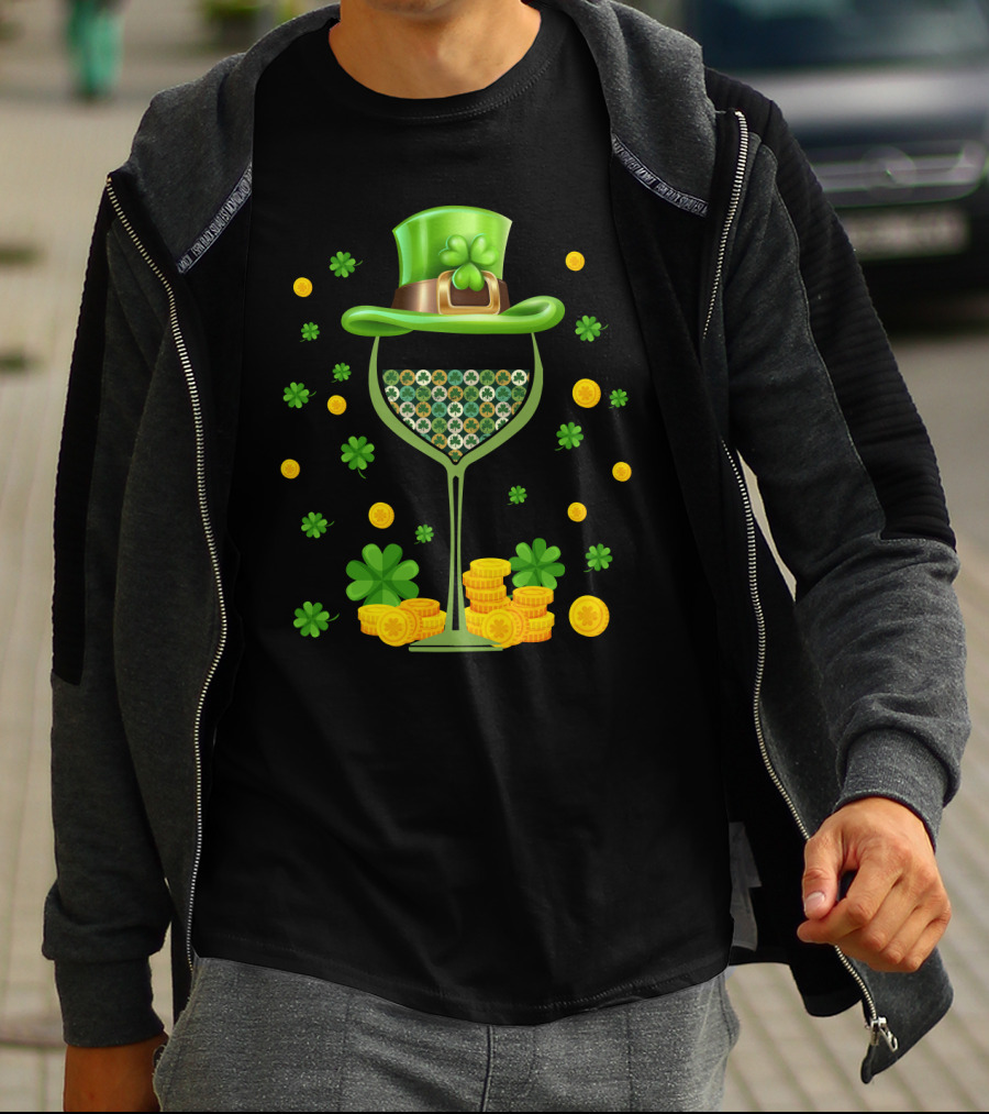 Patrick's Day Wine Glasses Leprechaun Hat Clover Coins T-Shirt