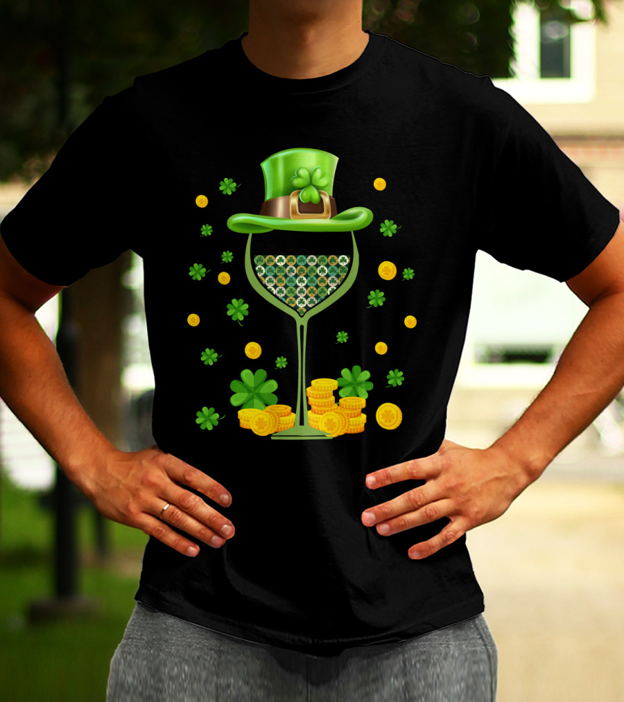 Patrick's Day Wine Glasses Leprechaun Hat Clover Coins T-Shirt