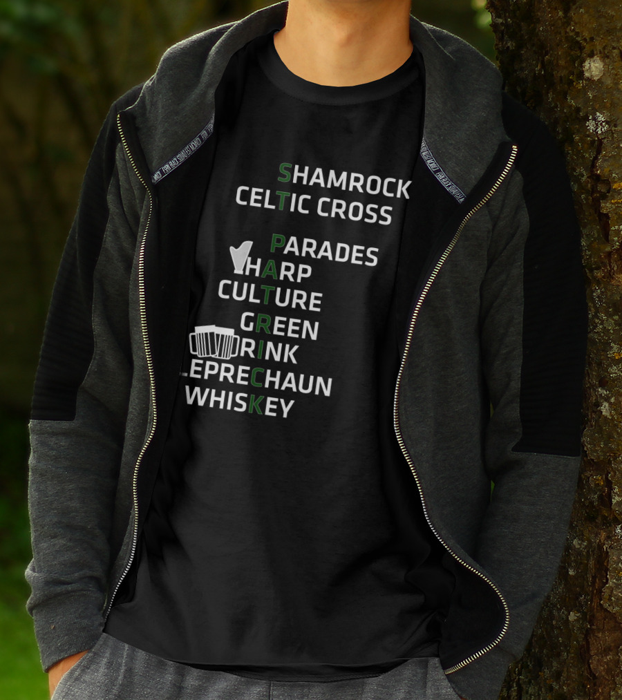 St Patrick Shamrocks Celtic Cross Parades Harp Culture Green Drink Leprechaun Whiskey T-Shirt