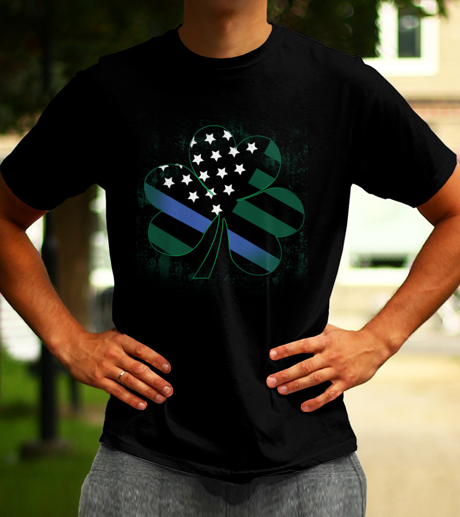 St Patrick's Day American Flag Shamrock Blue Line T-Shirt