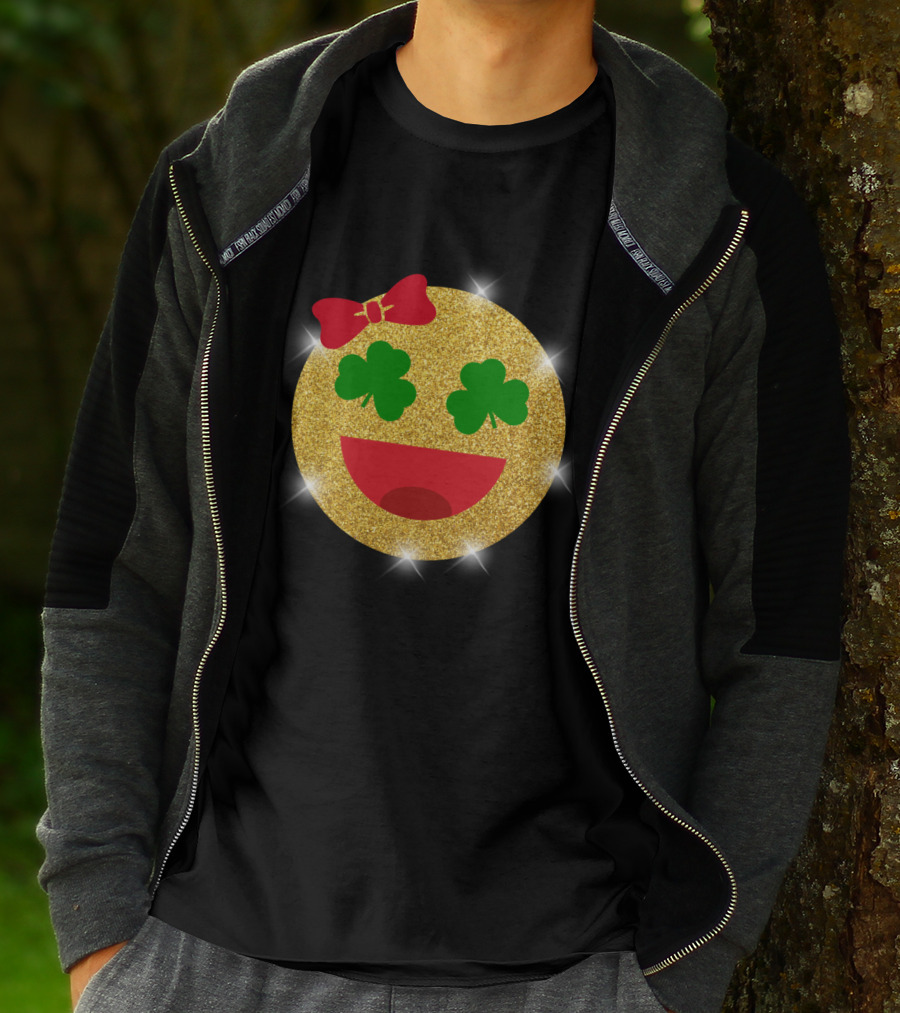 St Patrick's Day Glitter Shamrock Emoji Bow Smiley T-Shirt
