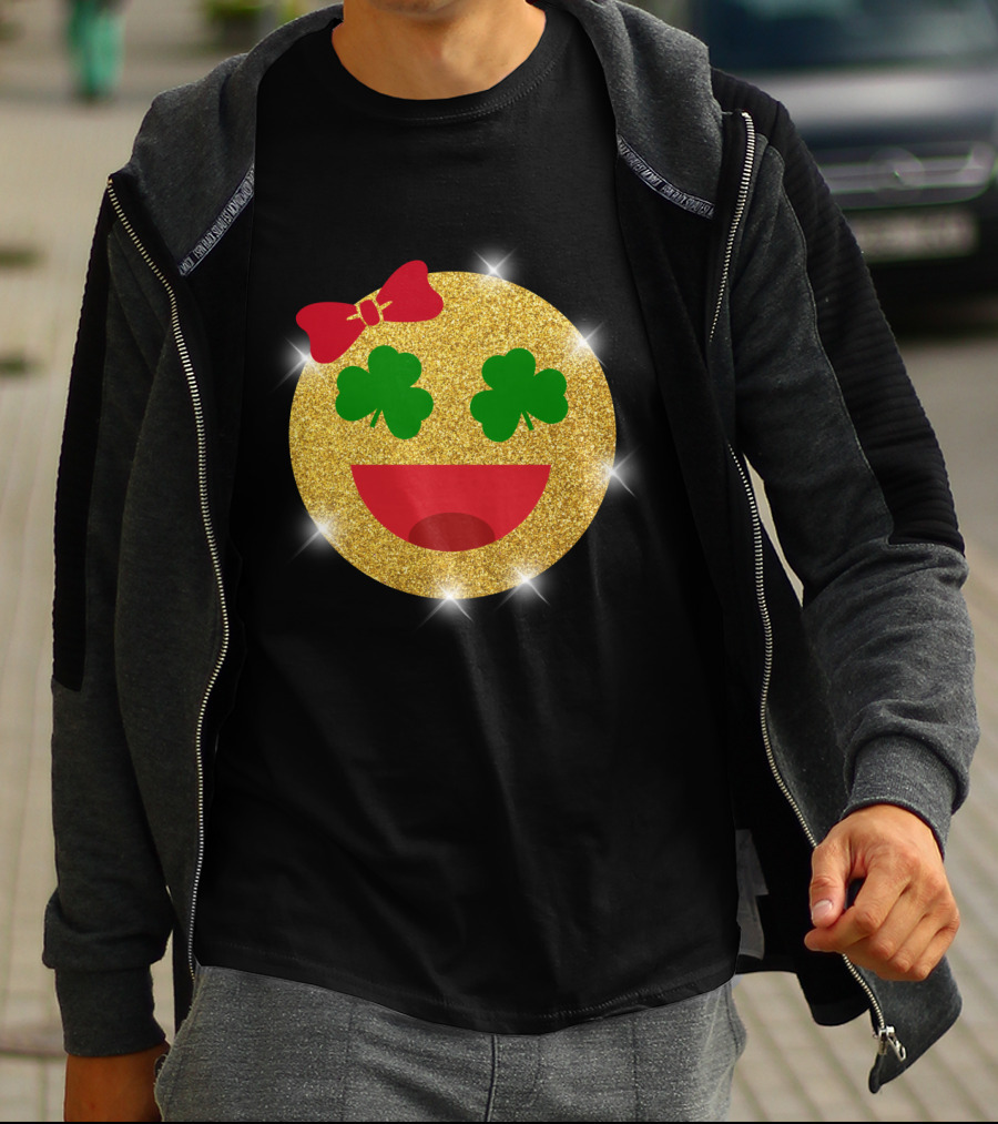 St Patrick's Day Glitter Shamrock Emoji Bow Smiley T-Shirt
