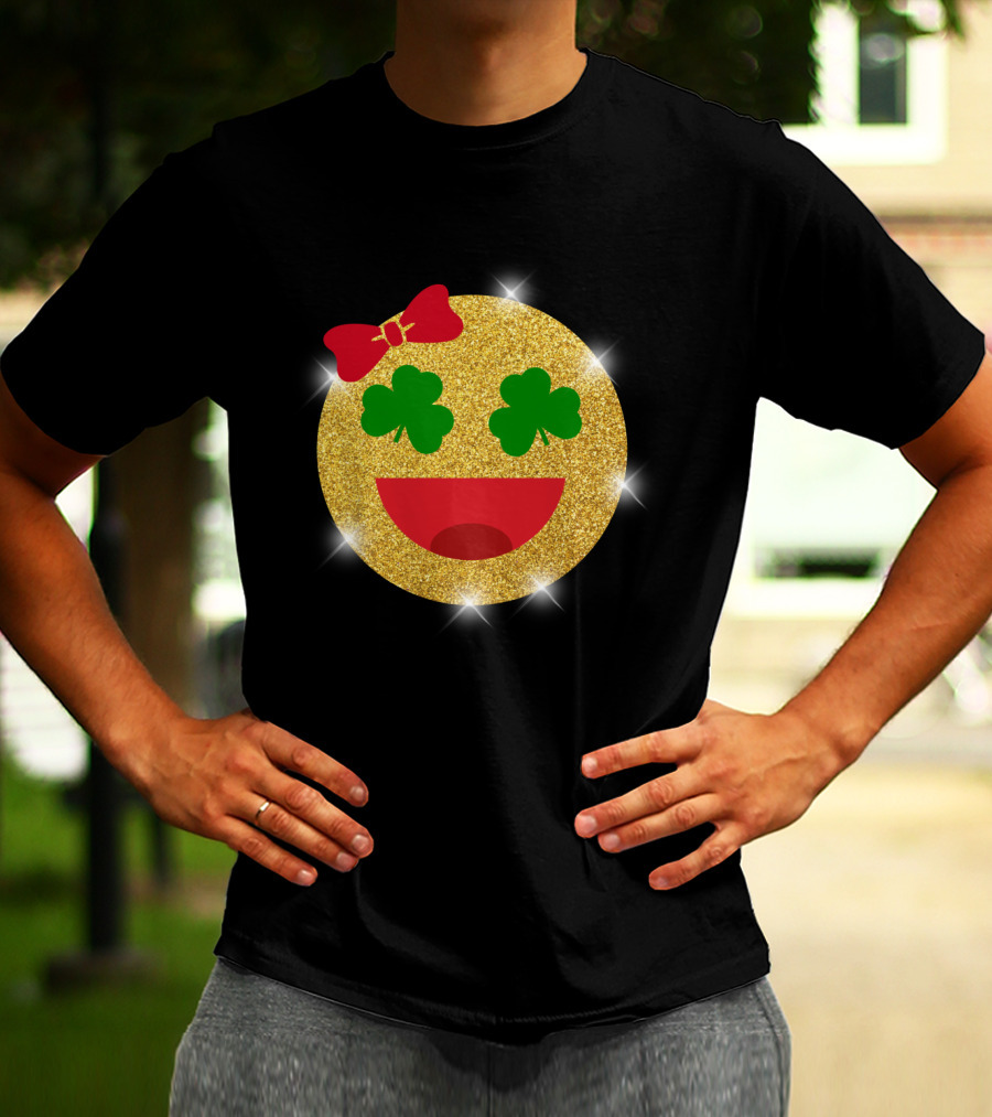 St Patrick's Day Glitter Shamrock Emoji Bow Smiley T-Shirt