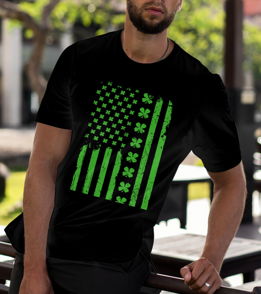 American Flag Green Clover Shamrock T-Shirt