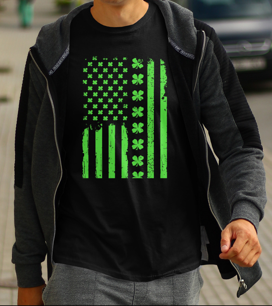 American Flag Green Clover Shamrock T-Shirt