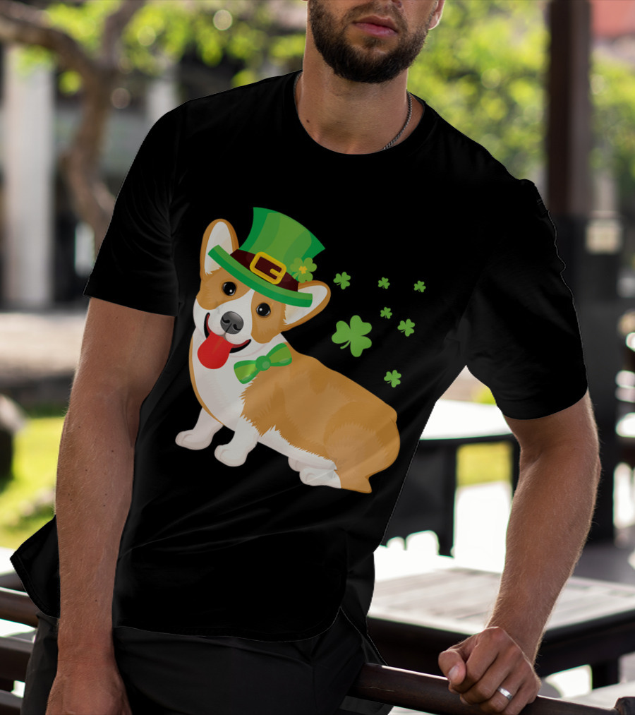 Corgi St Patrick's Day Lucky Shamrocks And Green Leprechaun Hat T-Shirt