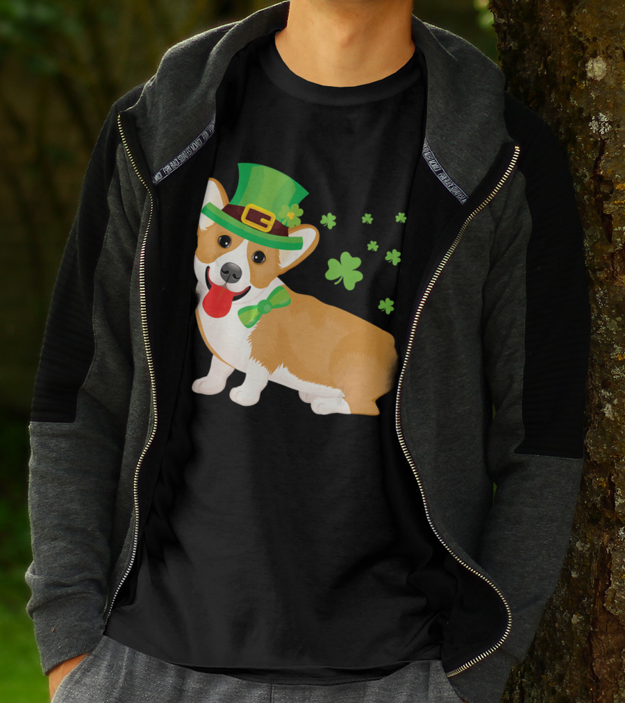 Corgi St Patrick's Day Lucky Shamrocks And Green Leprechaun Hat T-Shirt