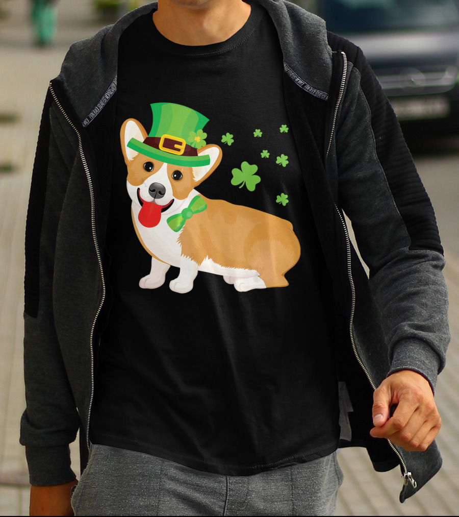 Corgi St Patrick's Day Lucky Shamrocks And Green Leprechaun Hat T-Shirt