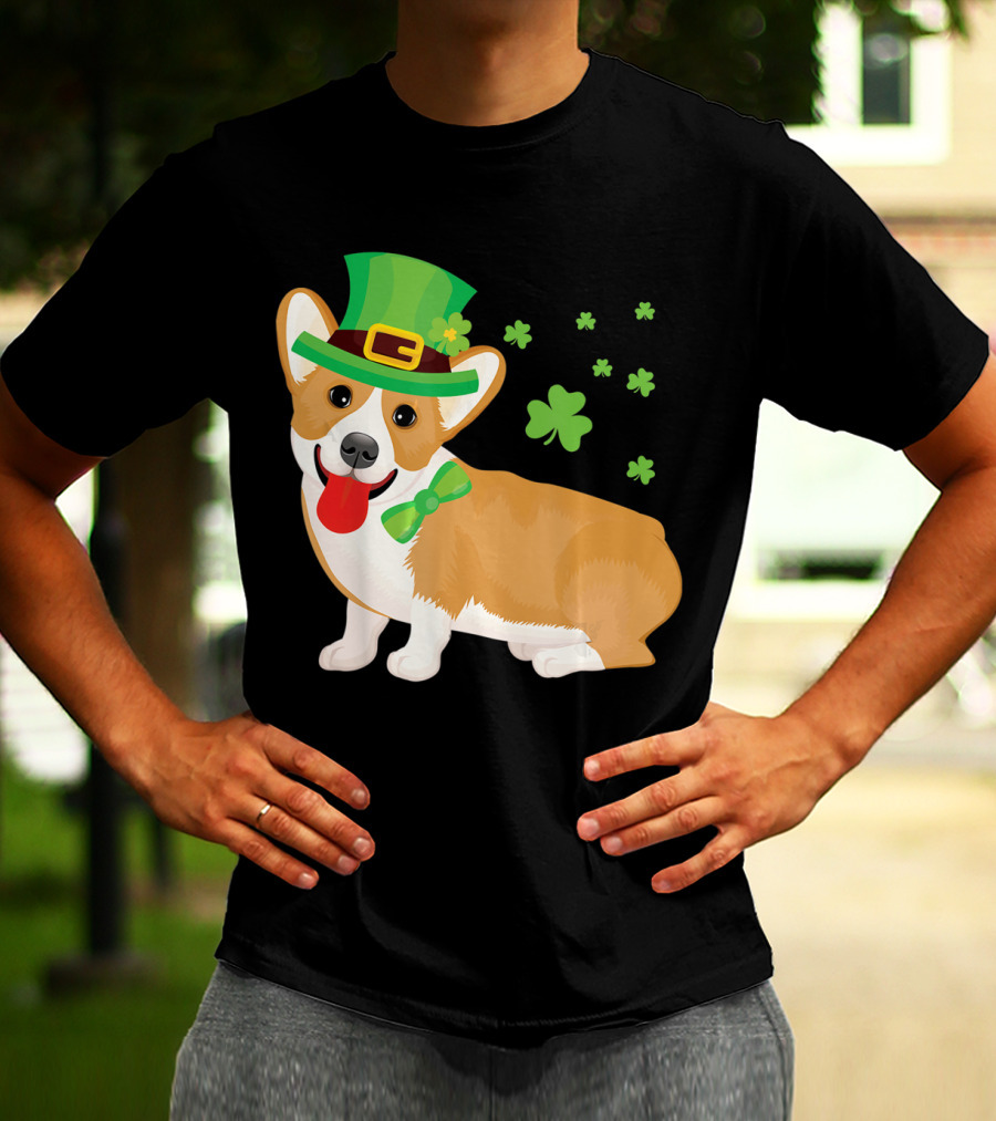Corgi St Patrick's Day Lucky Shamrocks And Green Leprechaun Hat T-Shirt