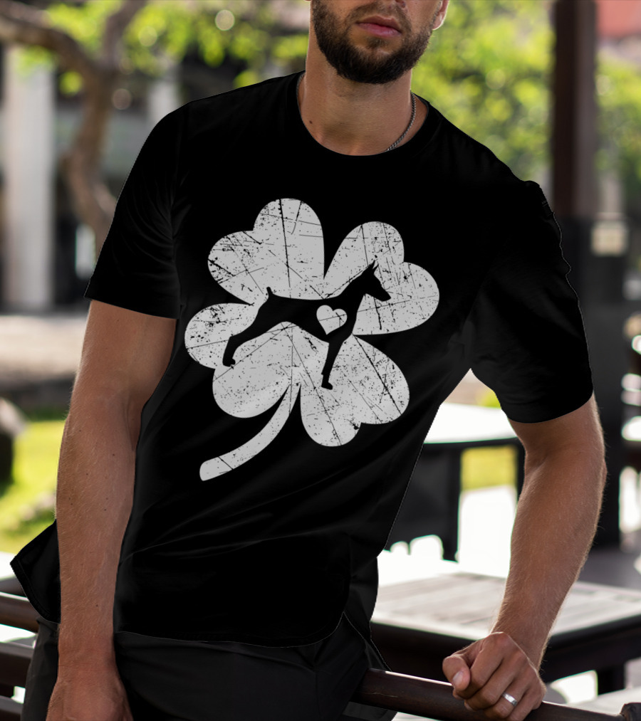 Doberman Silhouette Heart Shamrock Clover St Patricks Day Irish T-Shirt