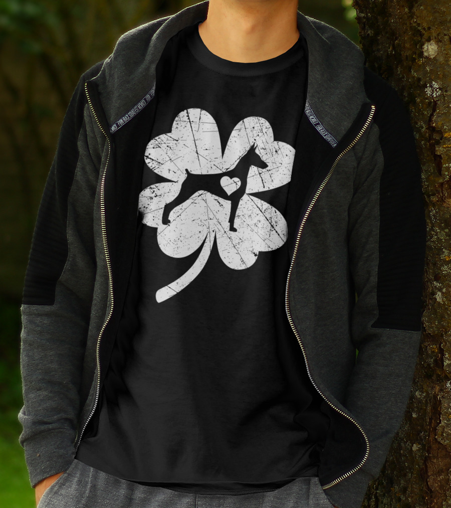 Doberman Silhouette Heart Shamrock Clover St Patricks Day Irish T-Shirt