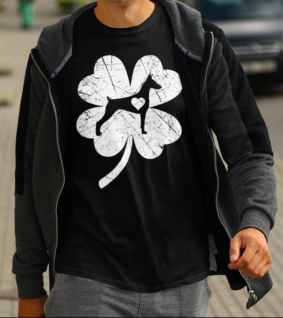 Doberman Silhouette Heart Shamrock Clover St Patricks Day Irish T-Shirt