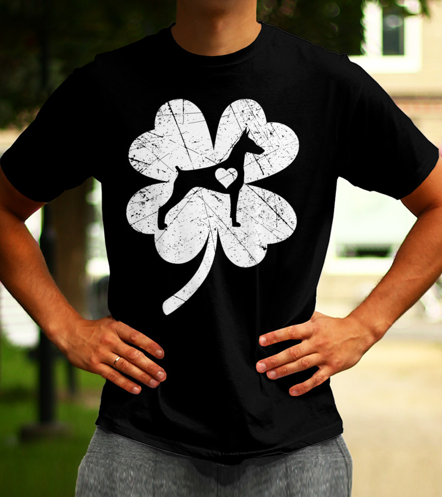Doberman Silhouette Heart Shamrock Clover St Patricks Day Irish T-Shirt