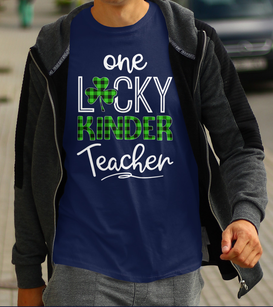One Lucky Kinder Teacher Shamrock Plaid T-Shirt