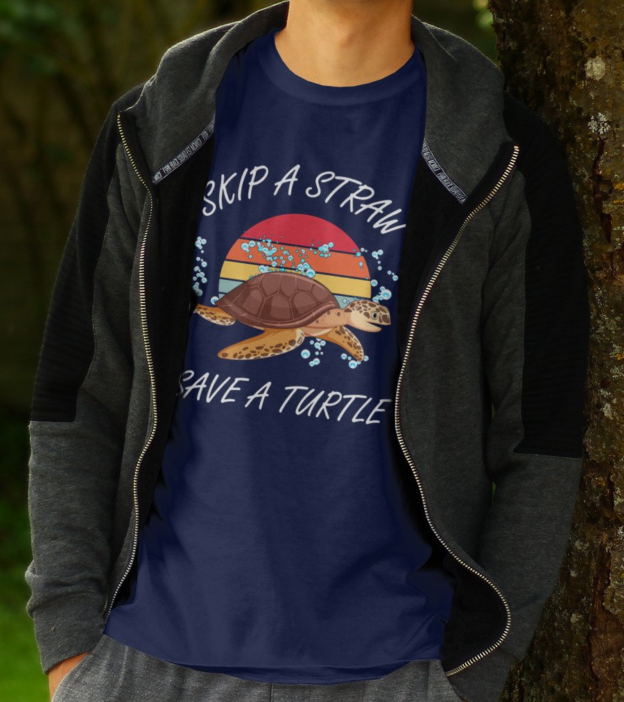 Skip A Straw Save A Turtle Retro Sunset Ocean T-Shirt