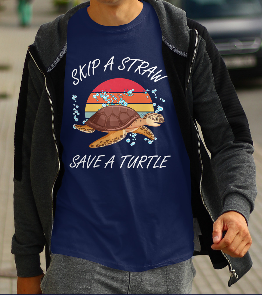 Skip A Straw Save A Turtle Retro Sunset Ocean T-Shirt
