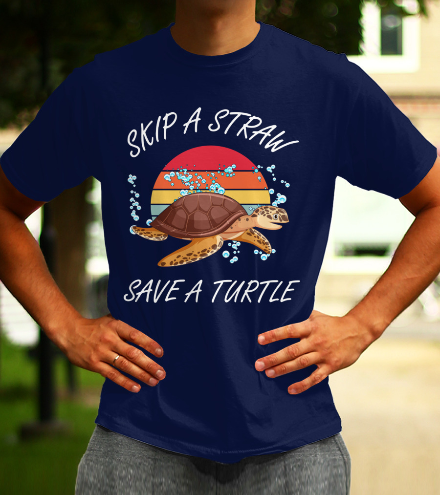 Skip A Straw Save A Turtle Retro Sunset Ocean T-Shirt